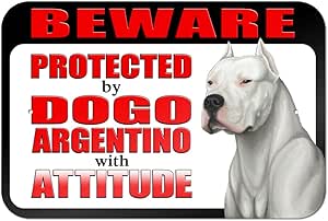Vintage Metal Sign 'Beware Protected By Dogo Argentino With Attitude' - 12x8 Inch Tin Wall Decor