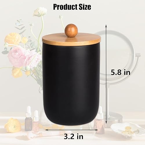 Miniatura 5 de JiatuA Qtip - Dispensador de soporte con tapas de bambú recipientes de cerámica negro mate soporte de bolas de algodón para organizador de