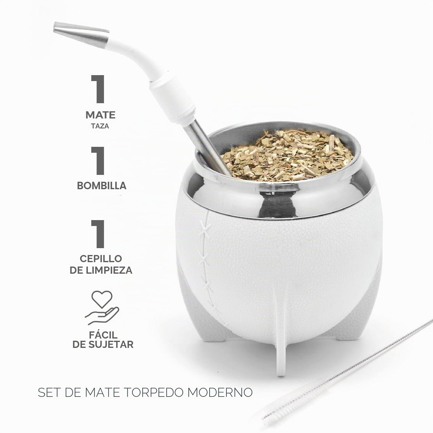 balibetov Mate Argentino - Set elegante y duradero con un Mate Torpedo de Acero Inoxidable, Bombilla y Cepillo de Limpieza (Blanco)