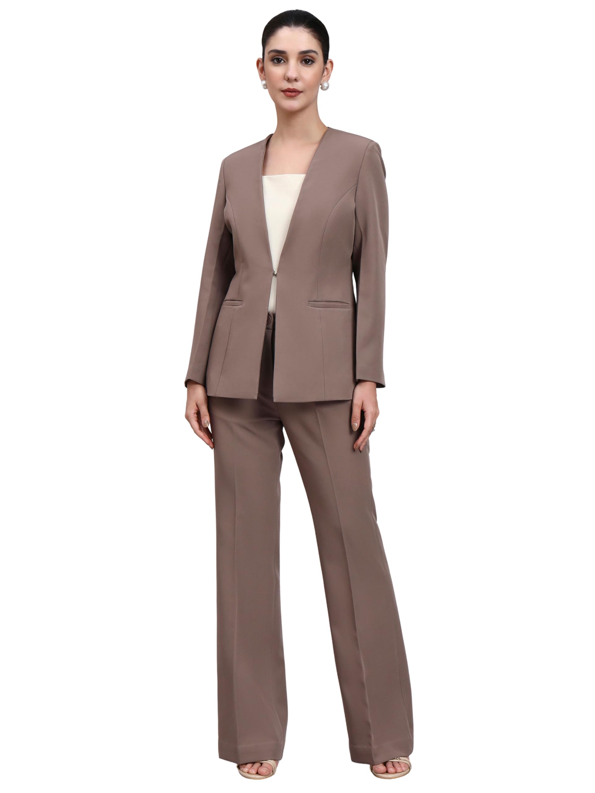 powersutra Beige Brown Lapel-Less Blazer Set with Flared Pants | Elegant Formal Blazer & Trousers for Women | Stylish Office Coat-picture-31