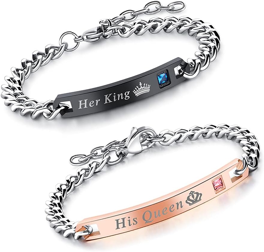 Xihuimay 2pcs King and Queen Matching Set His Hers Couples Bracelets Cubic Zirconia Bracelets Link Chain Crown Bracelets Gift Jewelry for Lover Anniversary Promise Bracelet for Men Women, Style 1