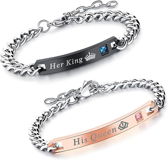 Xihuimay King and Queen Matching Set His Hers Stainless Steel Couples Bracelets Cubic Zirconia Bracelets Link Chain Crown Bracelets Gift Jewelry for Lover Anniversary Promise Bracelet for Men Women