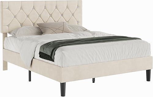 Miniatura 9 de VECELO Base de cama de tamaño matrimonial, plataforma tapizada con cabecera ajustable de diamante, soporte de listones de madera, no necesita