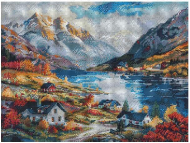 Kit broderie point de croix compté coton village automne paysage
