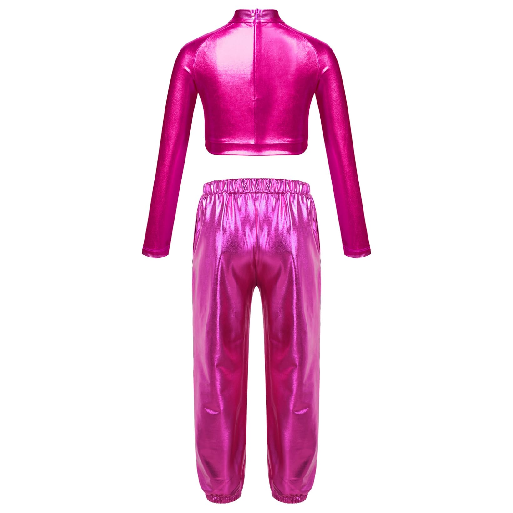JanJean Kids Girls 2Pcs Dance Tracksuit Shiny Metallic Crop Top with Athletic Sweatpants Jazz Hip Hop Jazz Dance Costume Hot Pink 10 Years