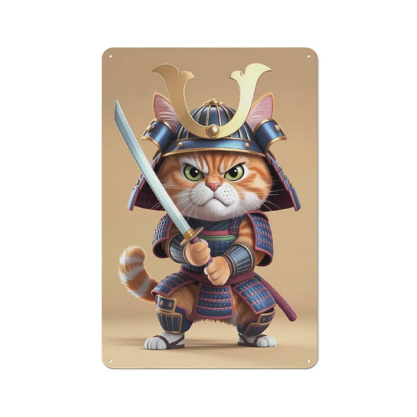 Junmoney Style-3 Samurai Cat Warrior Classic Metal Wall Decor 30X20cm, Office Metal Sign For Workspace, Cafe, Shop Or Desk Area