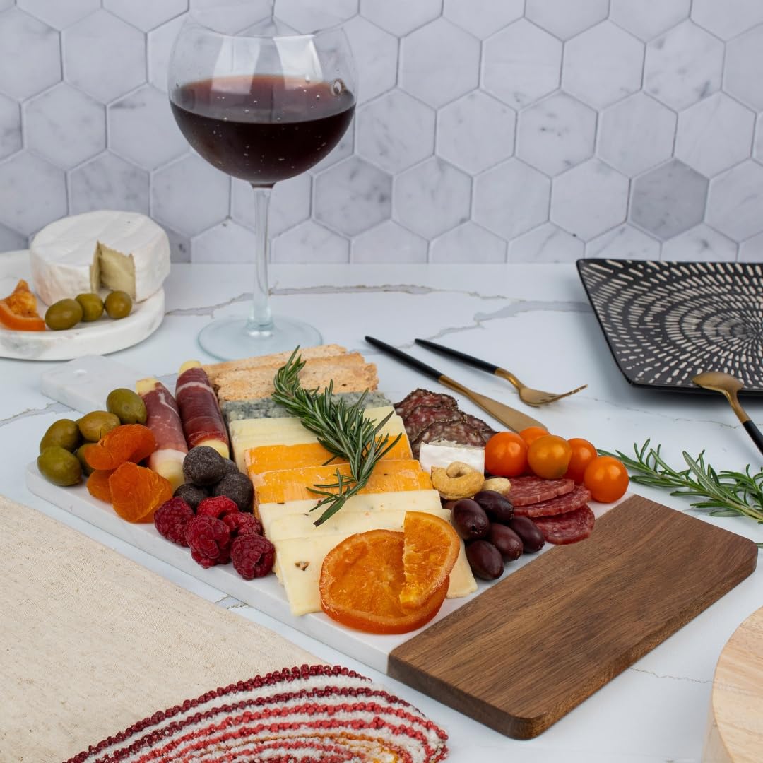 Tabla de embutidos de madera de mármol y acacia con asa, tabla de queso de 16 x 8 pulgadas, bandeja de servir para bodas, inauguración de la casa, regalos de entretenimiento