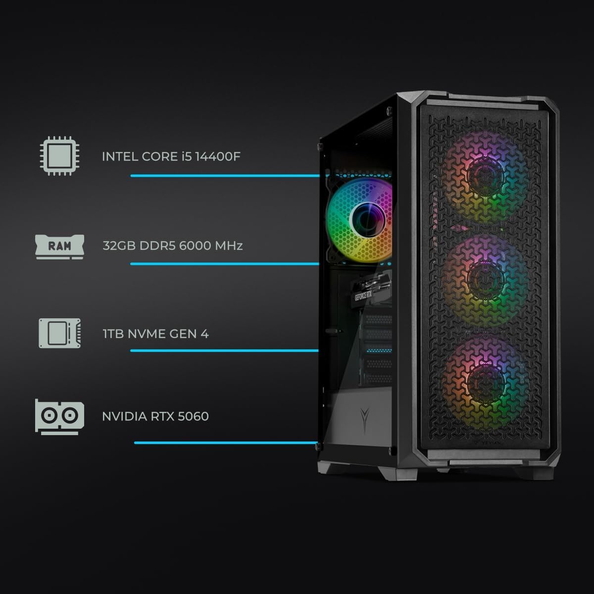 YEYIAN PC Gamer Vault | Intel Core i5-14400F 10 Cores up to 4.7GHz | NVIDIA GeForce RTX 5060 8GB GDDR7 | 32GB DDR5 6000MHz | SSD 1TB NVMe Gen4 | Win 11 Pro