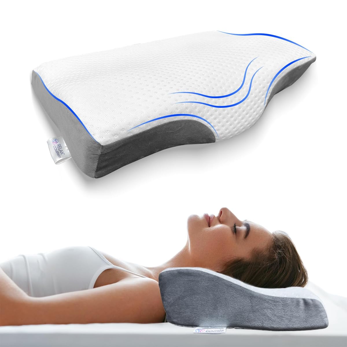 RELAX COMPANY Memory Foam Pillow | Contour Cervical Pillow for Neck & Shoulder Pain | Orthopedic Pillow | Neck Cervical Sleeping Pillows for Side & Back Sleepers (Grey/White, Memory Foam) Pack of 1