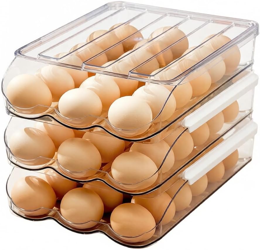 One Layer Egg Holder for Fridge Automatic Rolling Egg Container with Lid for Refrigerator Clear Stackable Eggs Holder Large Capacity 18 Count Eggs Organizer Clear Plastic Dispenser for Home 02