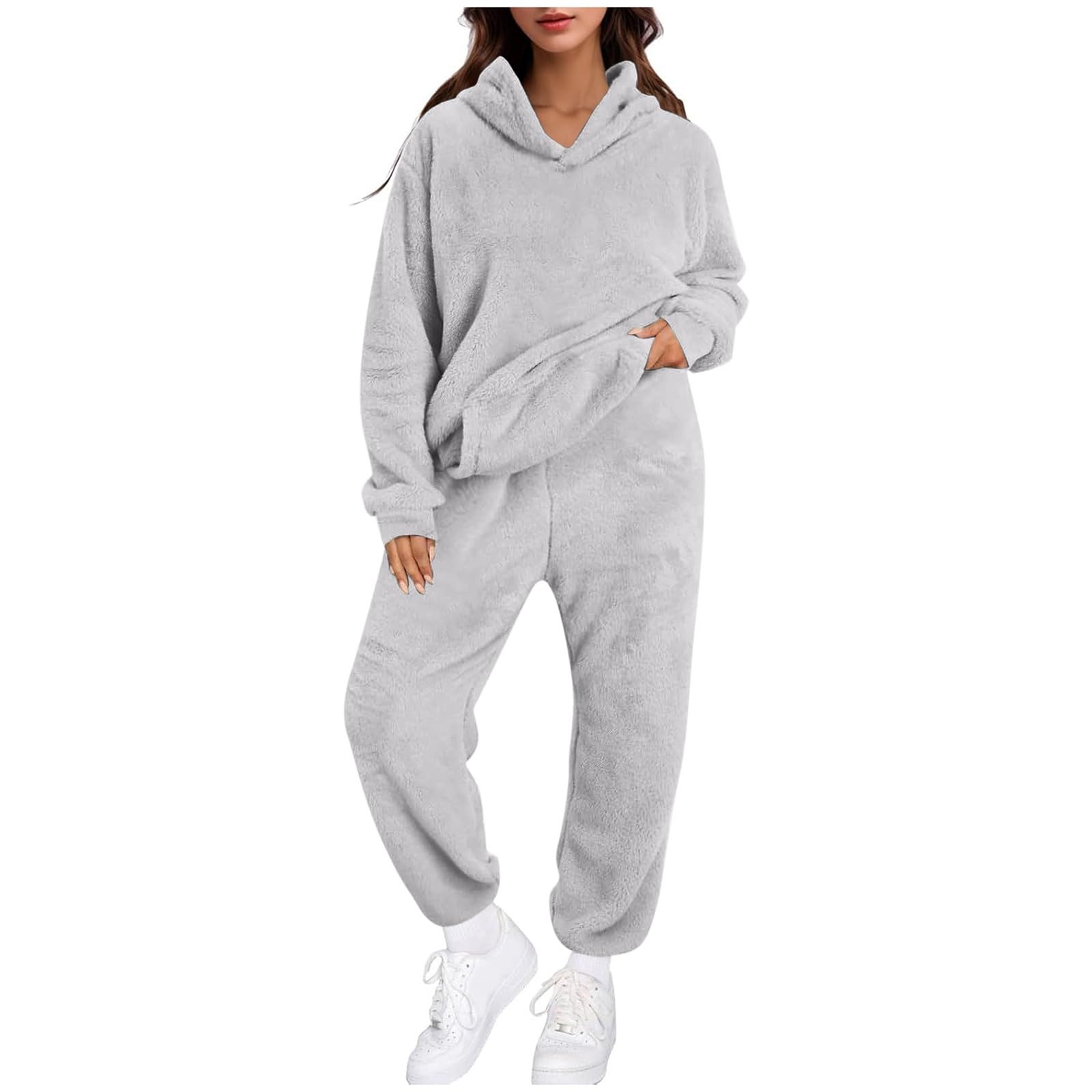 Pigiama da donna, lungo, soffice, caldo, in pile, biancheria da notte in 2 pezzi, con scollo rotondo, felpa e pigiama, per l'inverno, tinta unita, per il tempo libero