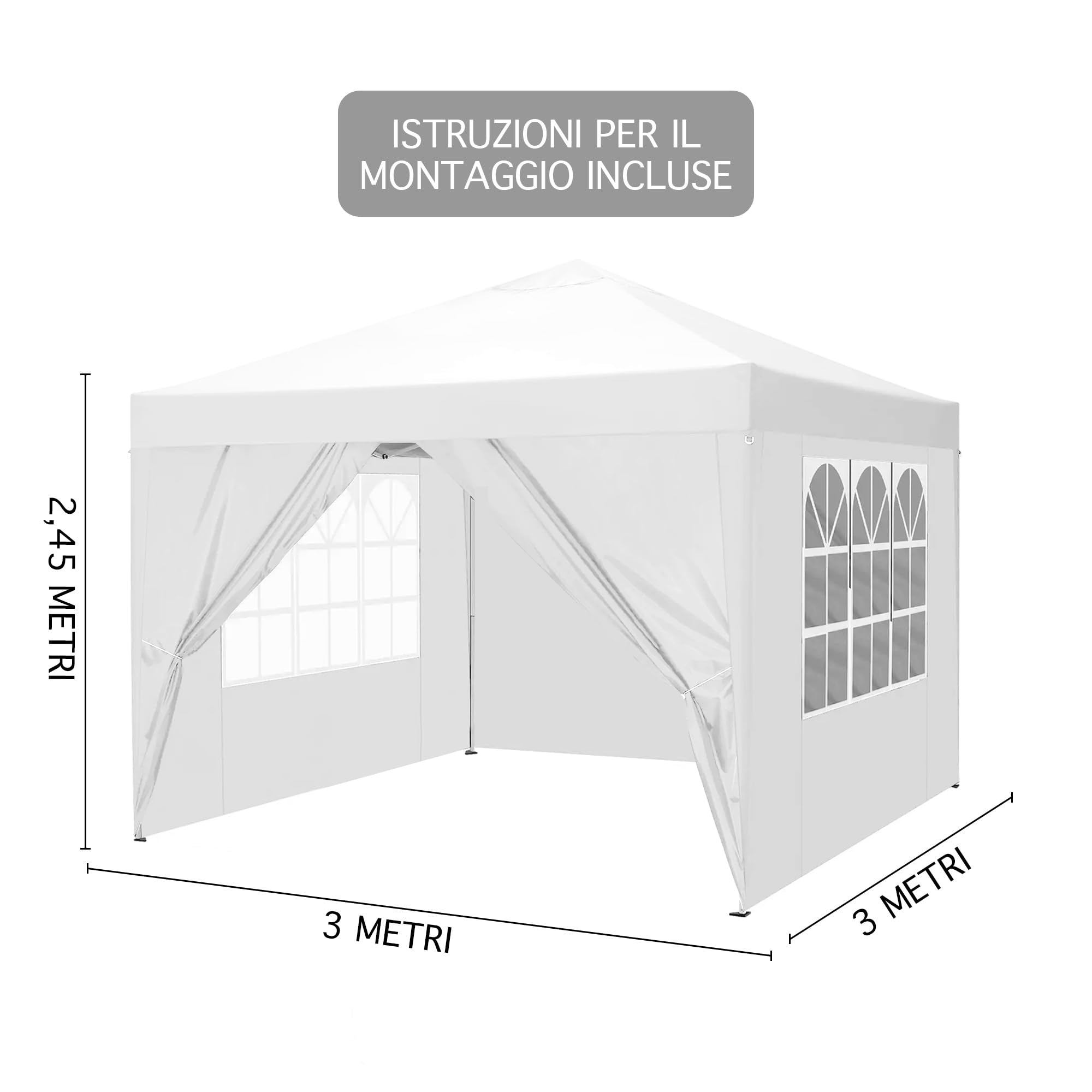 Gazebo 3 x 3 M Impermeabile Uv Resistente Con Pareti Laterali Struttura Acciaio Giardino 2 Porte E Finestre Pieghevole Apertura A Spinta Pop Up