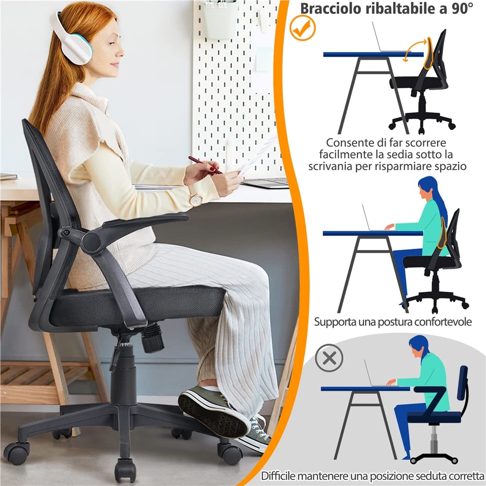 Yaheetech Sedia da Ufficio Scrivania Ergonomica Lombare con Braccioli Altezza Regolabili Ruote Girevoli Schienale in Rete Traspirante Portata 136 kg Nera