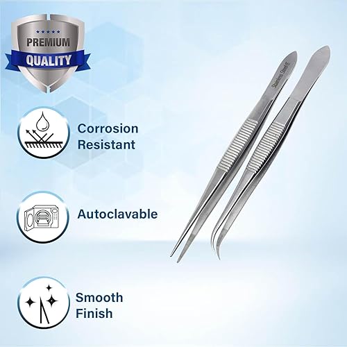 Miniatura 7 de Juego de 2 pinzas quirúrgicas de micro precisión con puntas dentadas, pinzas de laboratorio de acero inoxidable, puntas rectas y curvadas de punta