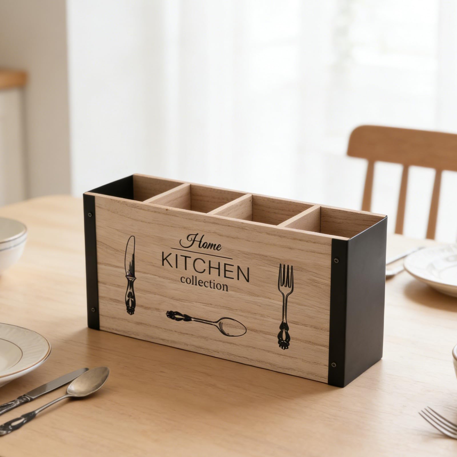 Boîte de Rangement en Bois Organisateur 4 Compartiments pour Couverts pour Couverts 4 Compartiments, Organisateur Cuisine Pratique Maison Patio Cuisine Pratique Maison Patio