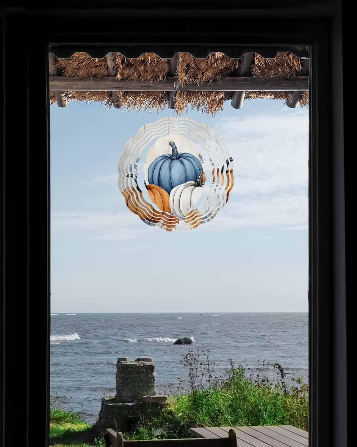 Fall Wind Spinners for Yard and Garden Orange Blue Pumpkin Wind Spinner Autumn Harvest 3D Metal Stainless Steel Wind Sculptures Chimes Outdoor Patio Fall Thanksgiving Hanging Decor 10 Inch