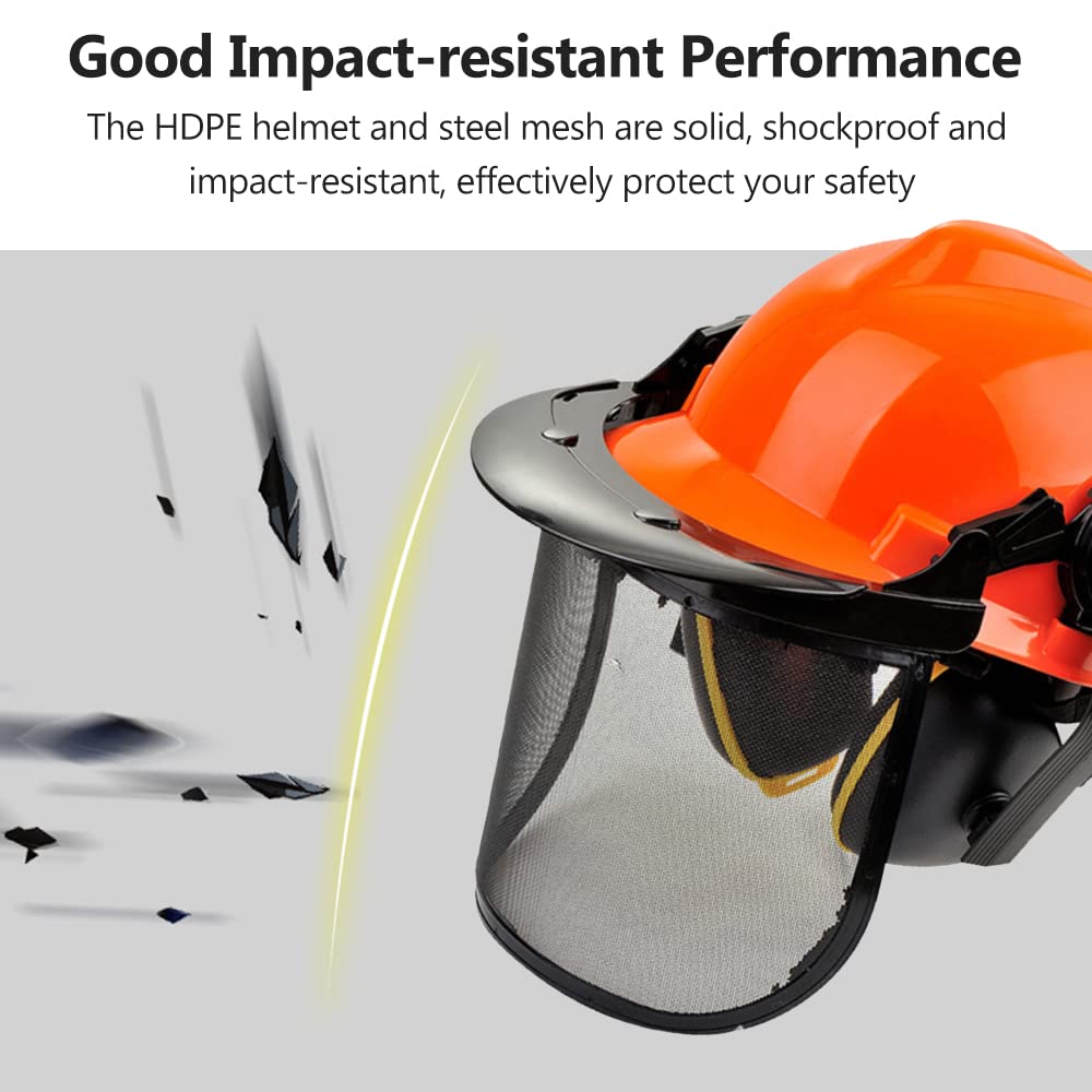 Casco di Sicurezza con Visiera e Paraorecchie, Elmetto Forestale in HDPE con Visiera in Rete d'Acciaio Arancione