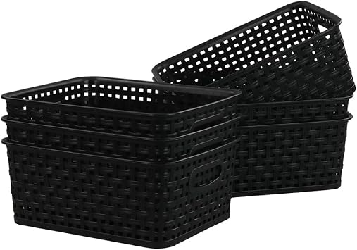 Kiddream Set of 6 Plastic Weave Storage Basket Pantry Organizing Bin (black)