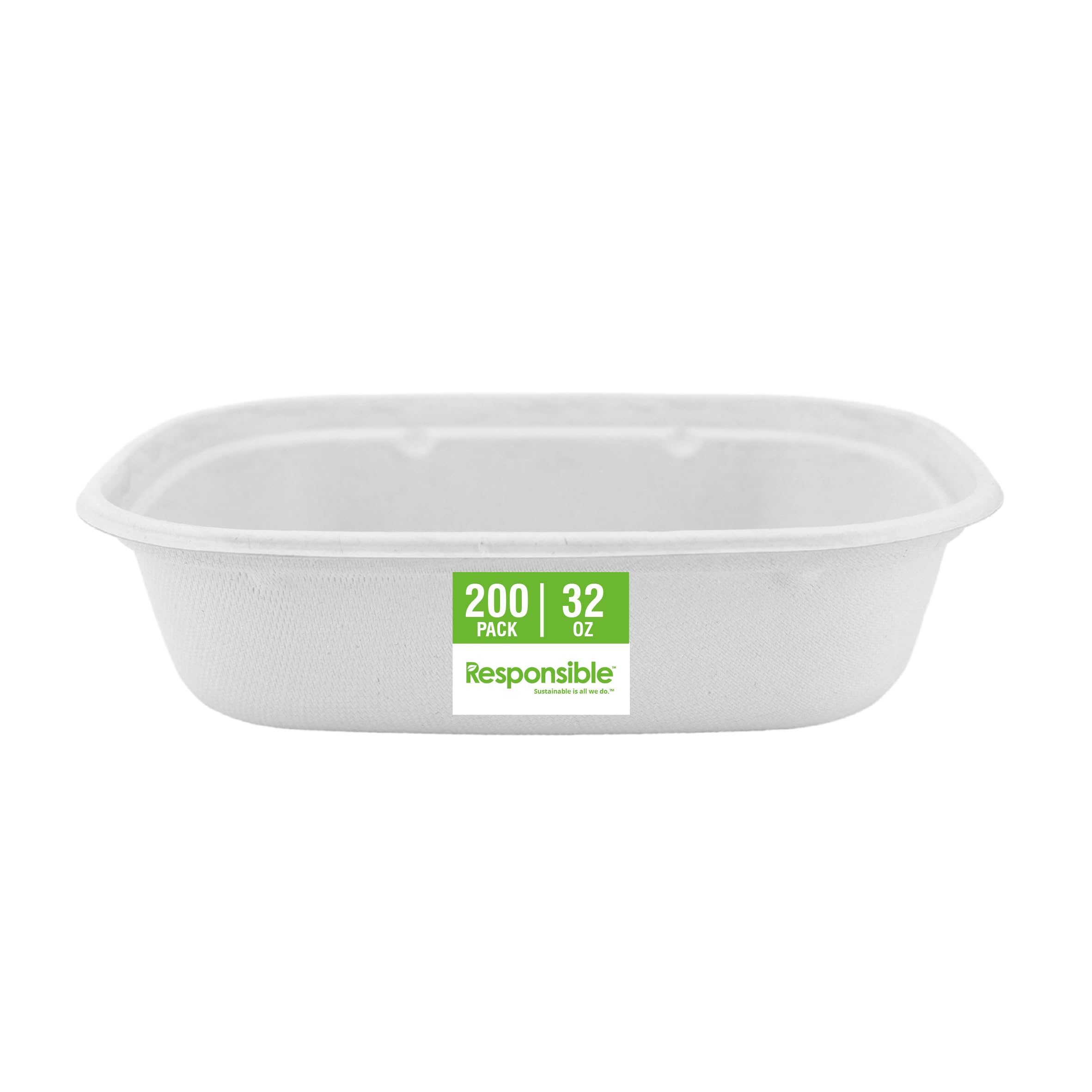 32 oz Rectangle Bowls I Tree-Less™ Compostable Molded Fiber Disposable Bowls I Extra Strength I NO-PFAS I Classic White (200 Count) by Responsible Products – 32 oz (200 Count)