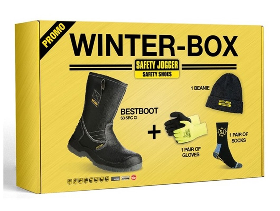 Safety Jogger Bestboot Box inc zimowe buty z szelkami, rękawice termiczne, skarpetki, kapelusz, czarny, 47 EU
