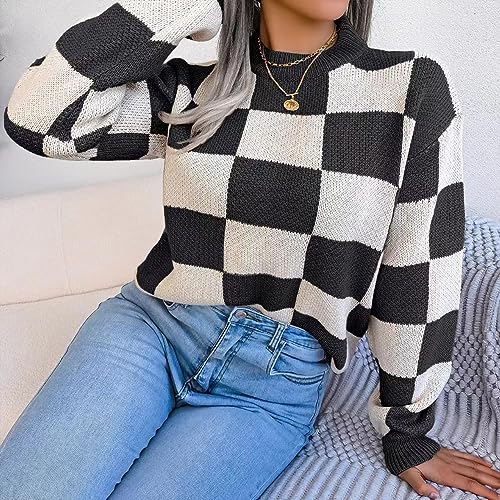 Women's Color Block Checkered Crew Neck Long Sleeve Y2K Plaid Knitted Pullover Sweater Tops Vintage Preppy Style Knitwear3