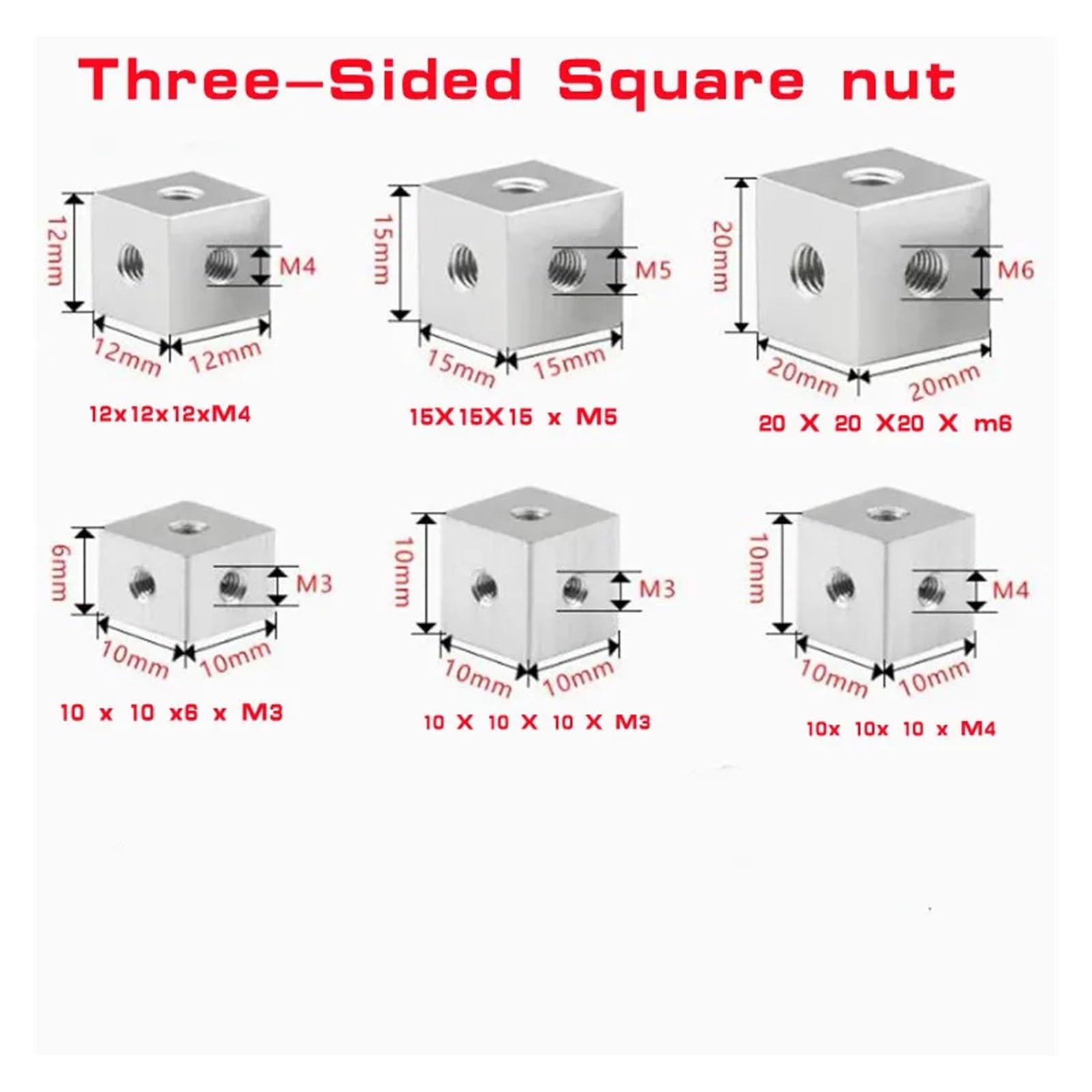 10 pezzi M3 M4 M5 M6 dado a tre lati blocco fisso quadrato dado angolare quadrato piastra filettata a sei lati blocco di collegamento for il fissaggio di scatole in acrilico(10 X 10 X 10 X M4)