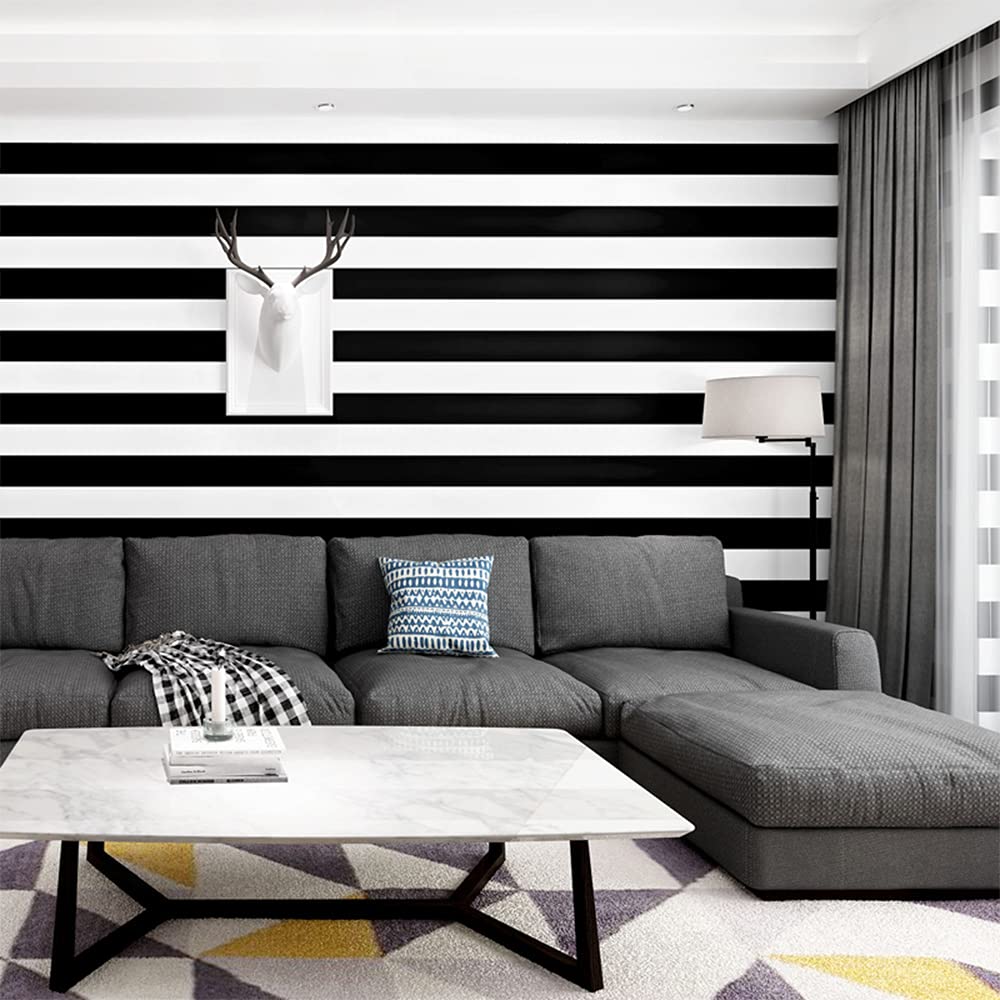 MEAIHOME Modern Simple Horizontal Vertical Striped Bedroom Coffee Restaurant Clothing Store TV Background Non-Pasted Wallpaper Roll Black White 1.73' L x 32.8' W - Image 2