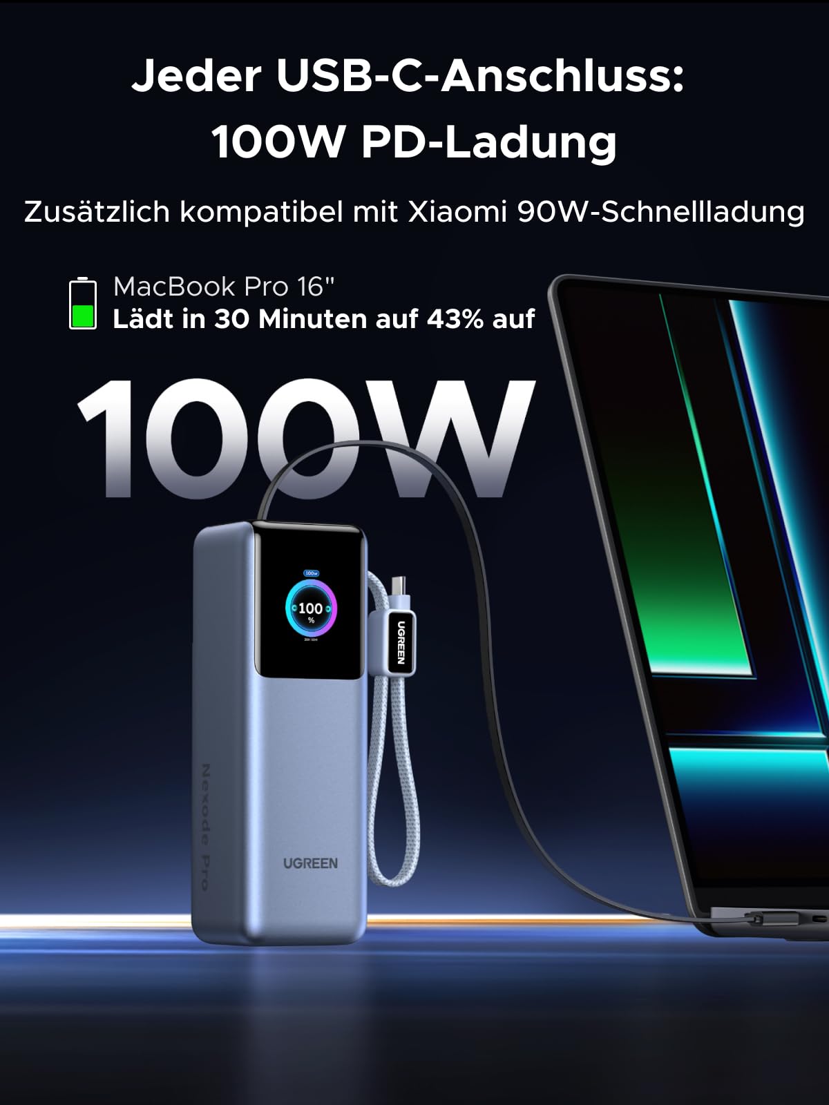 UGREEN Nexode Pro Power Bank 25000mAh 200W mit 2 Integrierten USB-C Kabeln | 68cm einziehbares Kabel, 3x USB-C+1x USB-A, TFT Display, für Reisen/Büro, Kompatibel mit MacBook, iPhone
