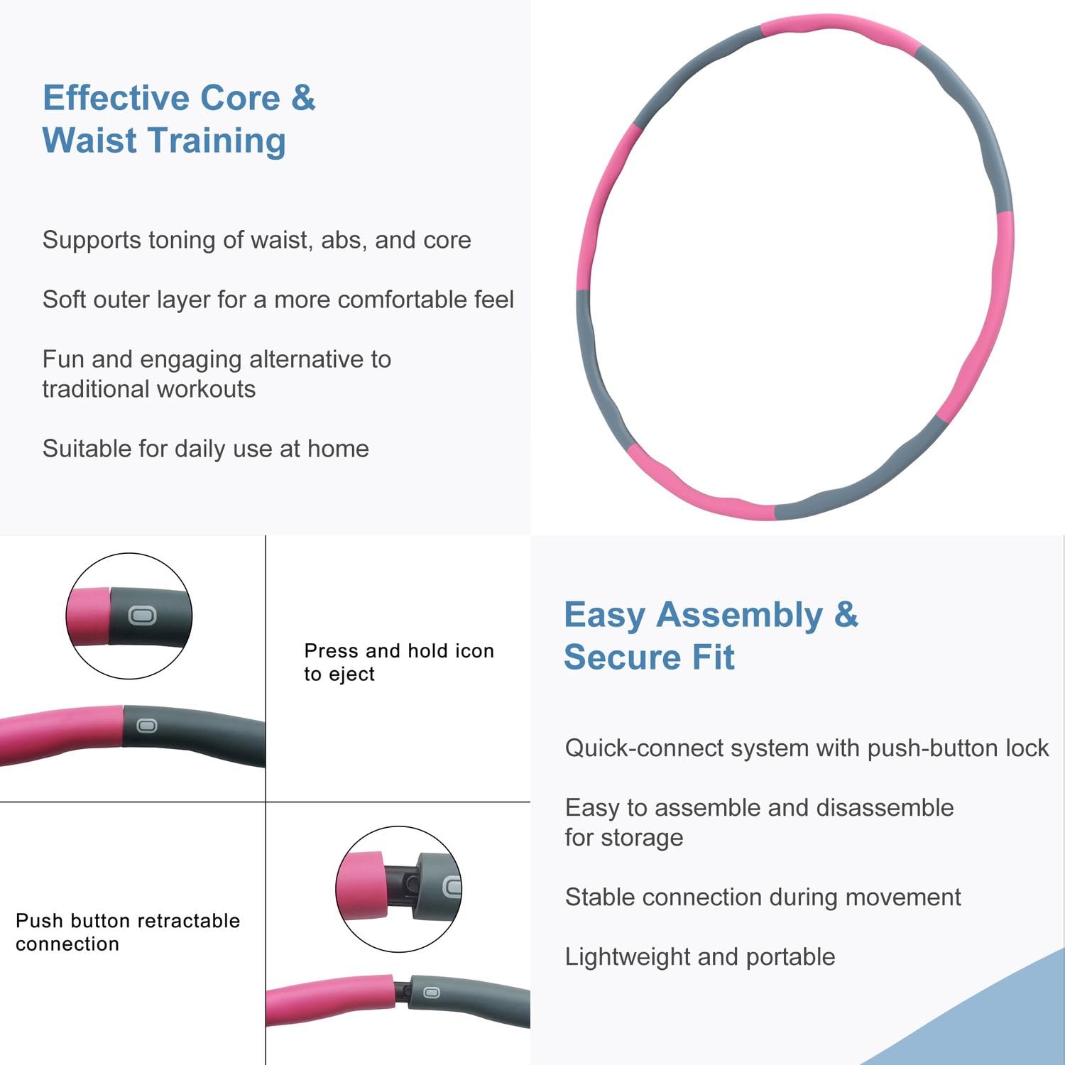 EmpireAthletics Hula Hoop Fitness Reifen, Hula-Hoop-Reifen mit Massage Noppen, Bauchtrainer Taillentrainer für Zuhause, Stecksystem Zerlegbar, Core Training Home Gym, Pink Grau