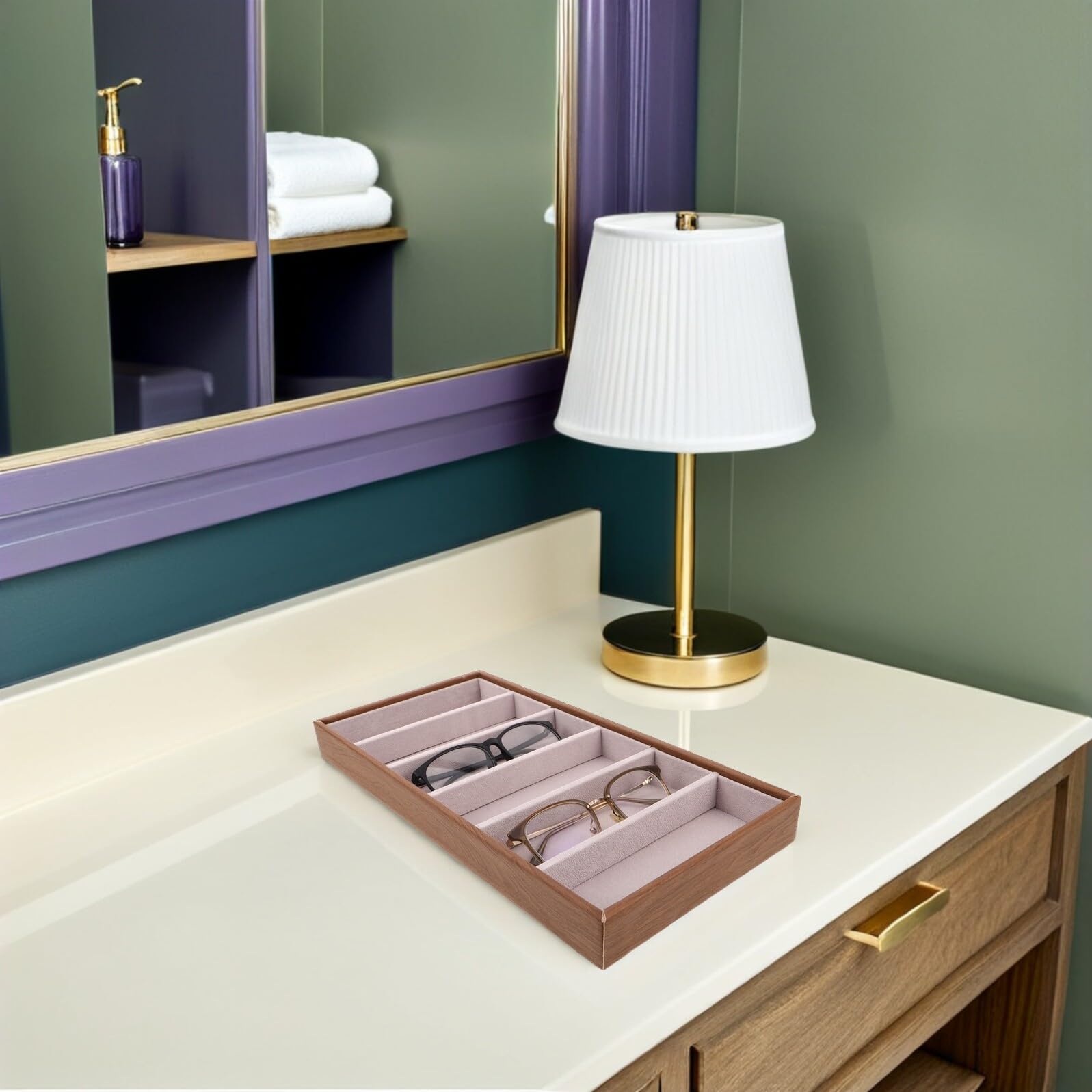 Housoutil Bandeja Organizadora de Gafas de Sol de Madera Compartimentos para Joyas, Estuche Rígido para Almacenamiento en Mesita de Noche, Exhibidor Multifuncional para Gafas y Accesorios