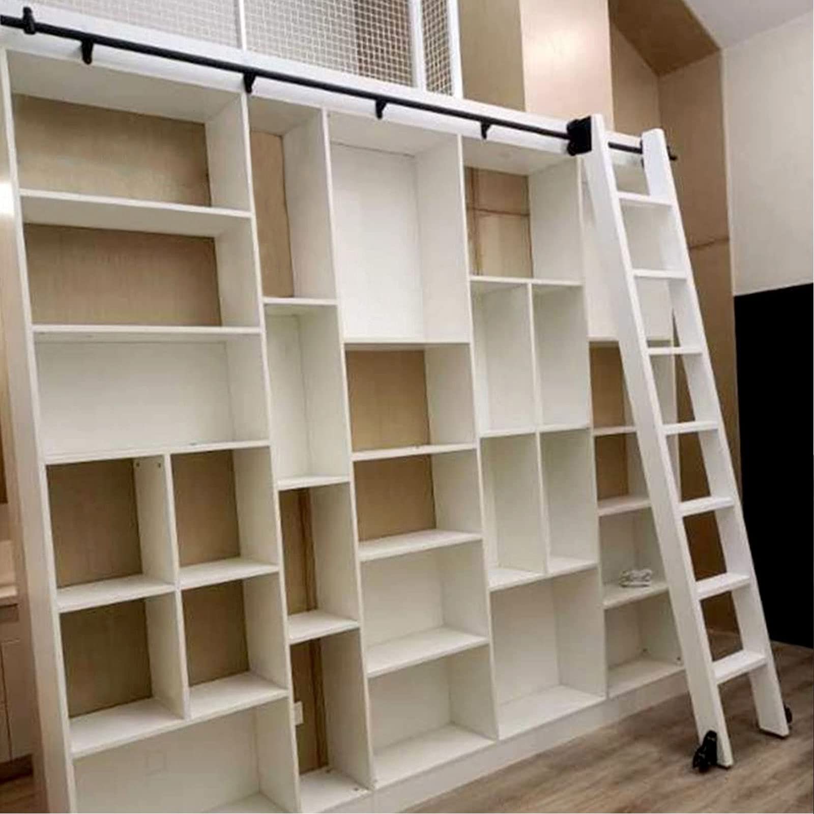 Zestaw okuć do drzwi drabinowych przesuwnych - Akcesoria do drabin bibliotecznych, z kółkami podłogowymi, okrągła rura, mobilna szyna do wieszaków na drabiny, do poddaszy/domu/wnęt
