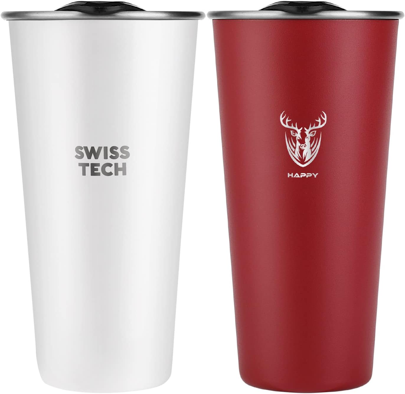 16oz Stainless Steel Cups, 2 Pack Double Wall Pint Cup Glasses, Insulated Tumbler with Lid, Durable Cups(Red&White)