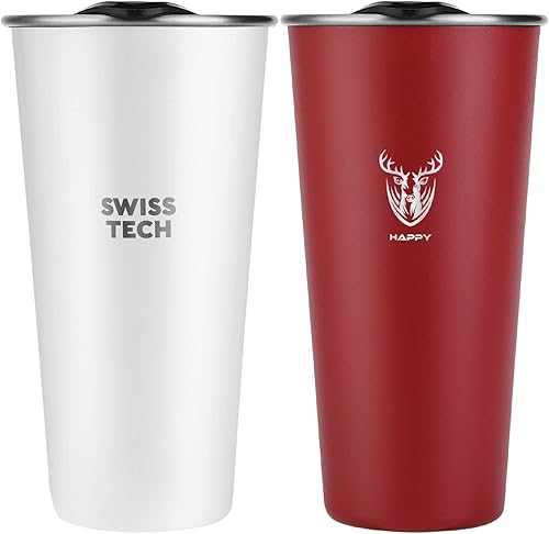 Swiss+Tech Vasos de acero inoxidable de 16 onzas, paquete de 2 vasos de doble pared, vaso aislado con tapa, vasos duraderos (rojo y blanco)