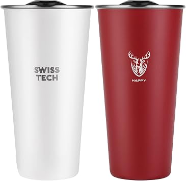 Swiss+Tech 16oz Stainless Steel Cups, 2 Pack Double Wall Pint Cup Glasses, Insulated Tumbler with Lid, Durable CupsRed&White