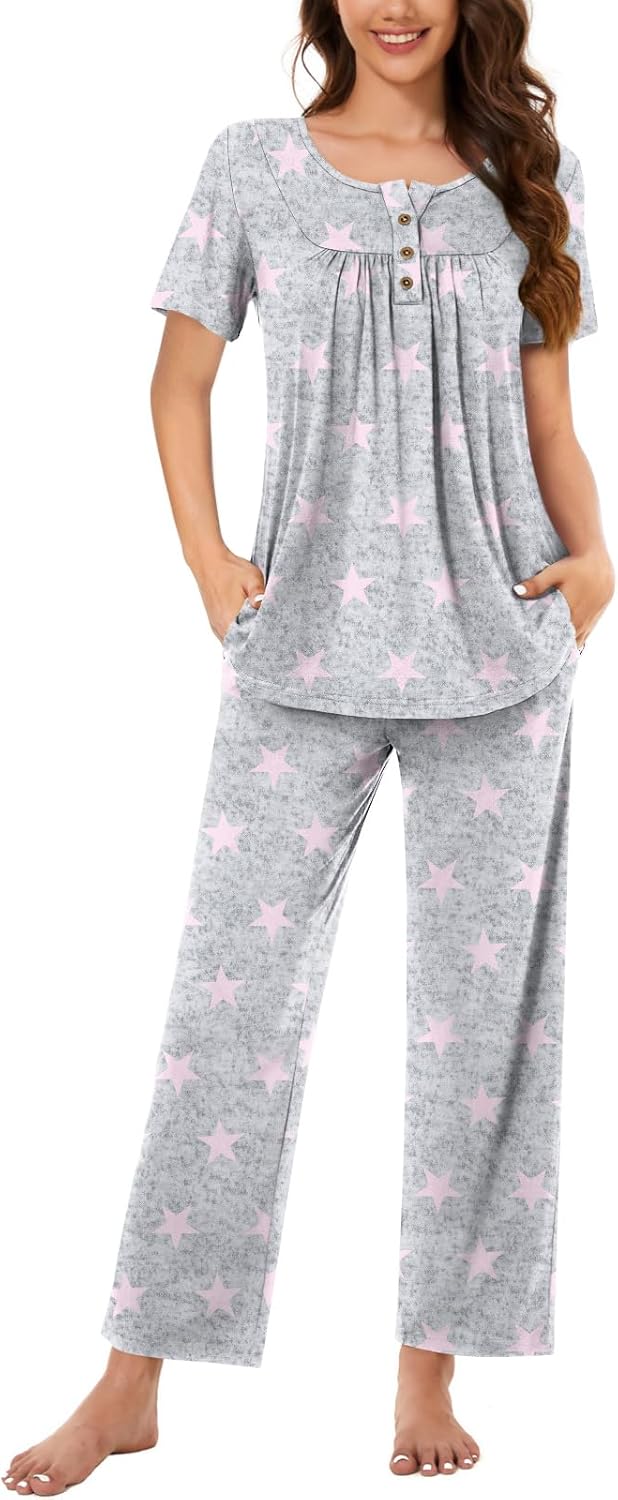Bestbee Women's Pajama Sets 2 Piece Summer Sleepwear Lounge Outfits Short Sleeve Long Pants With Pockets Ladies Pjs