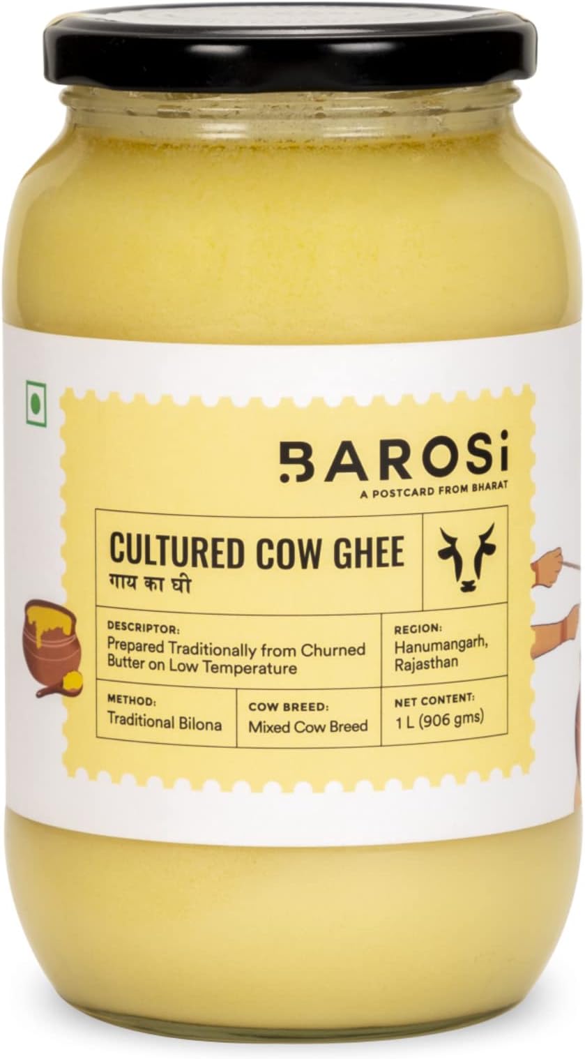 BAROSI [Premium Cultured Cow Ghee 1 Litre] Danedar Ghee | Curd-Churned | Traditional Vedic Bilona Method | Grass-Fed | Pure, Natural & Healthy Ghee (Glass Bottle 1000 ml)