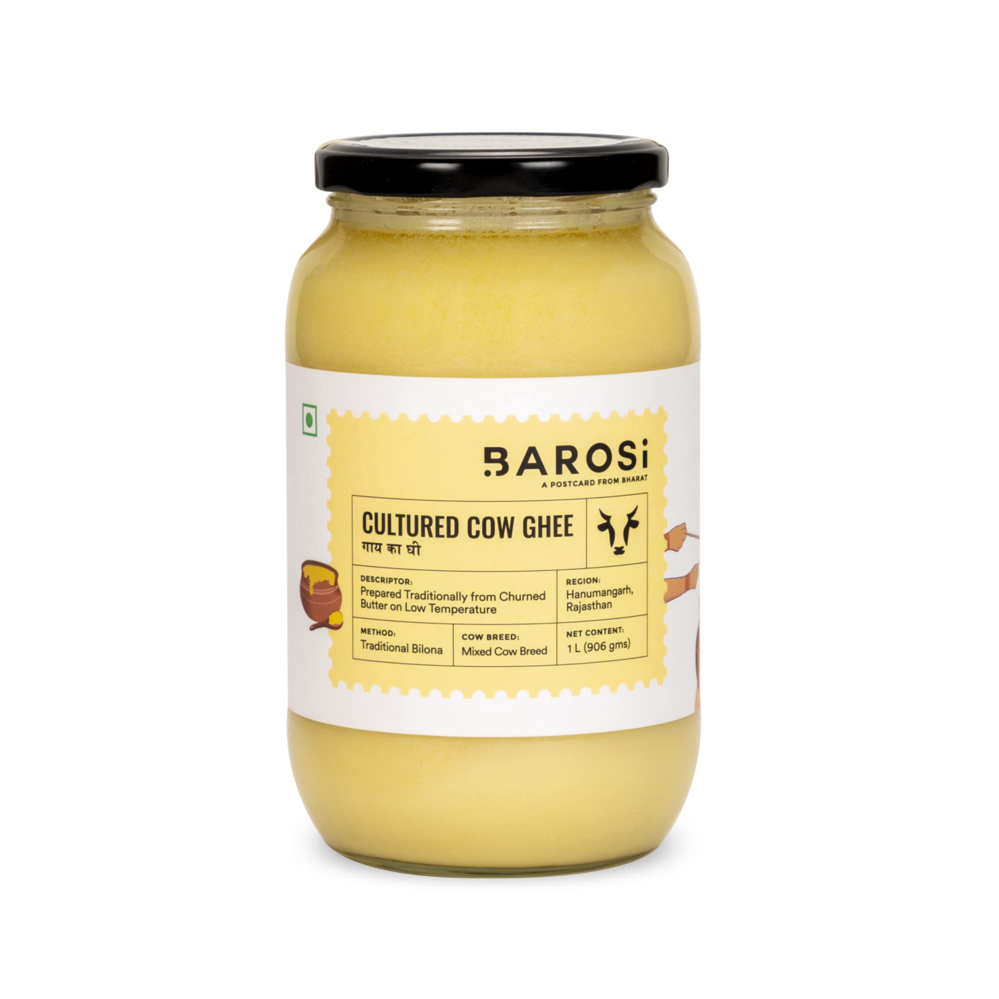 BAROSI [Premium Cultured Cow Ghee 1 Litre] Danedar Ghee | Curd-Churned | Traditional Vedic Bilona Method | Grass-Fed | Pure, Natural & Healthy Ghee (Glass Bottle 1000 ml)