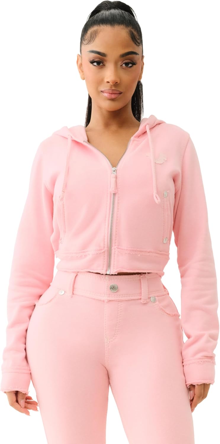 True Religion Women's Raw Edge Big T Shrunken Zip Hoodie - Candy Pink