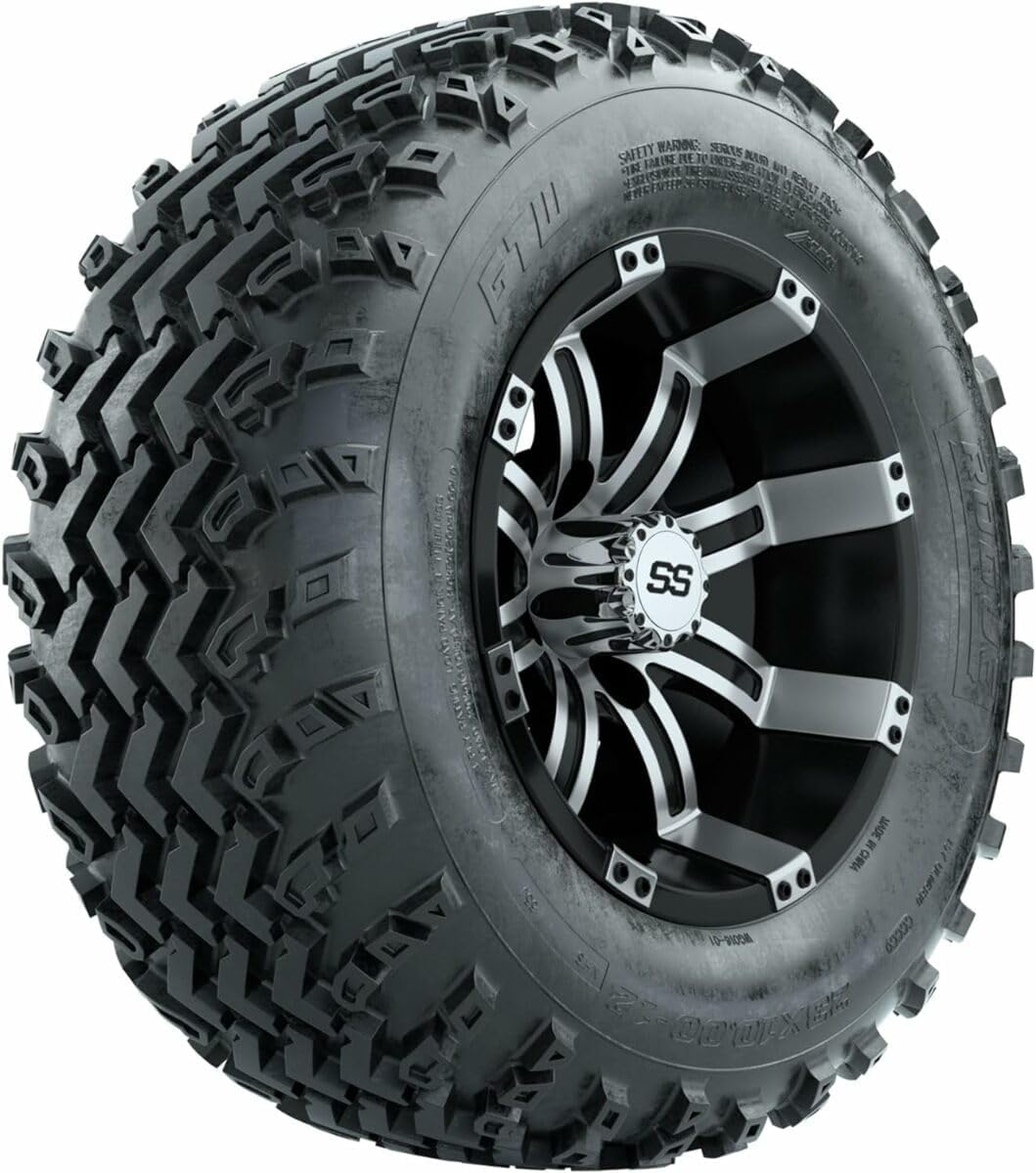 GTW 12 Inch Golf Cart Wheels and Tires Combo | GTW Tempest Machined/Black Wheels on 23x10-12 (23") Rogue All Terrain Tires | Set of 4