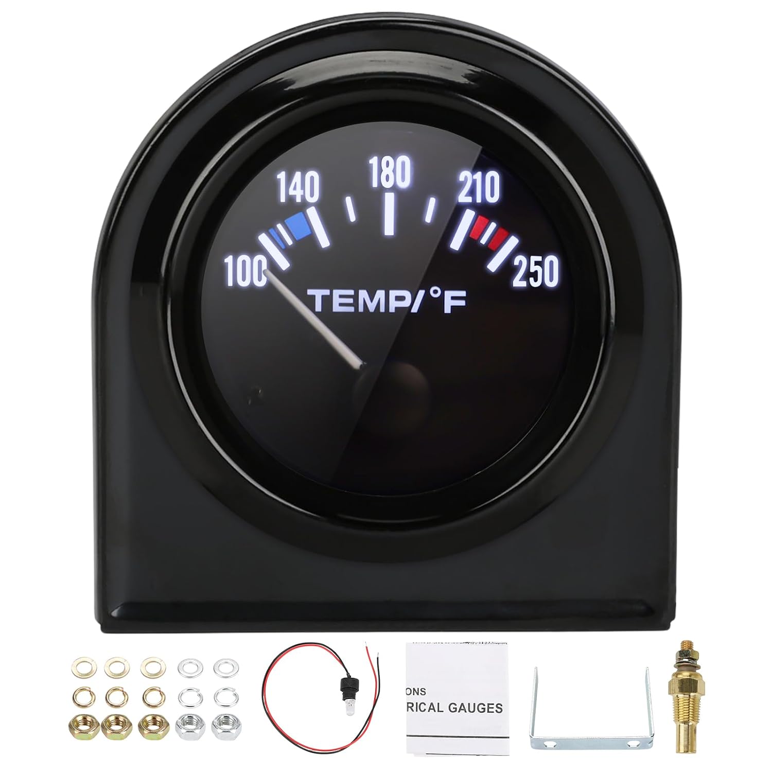 2" 52mm Water Temp Temperature Gauge 100-250 Fahrenheit DC12V Universal Water Temp Gauge Kit with LED Light Display for Boat Car Truck Marine Vehicle Automotive