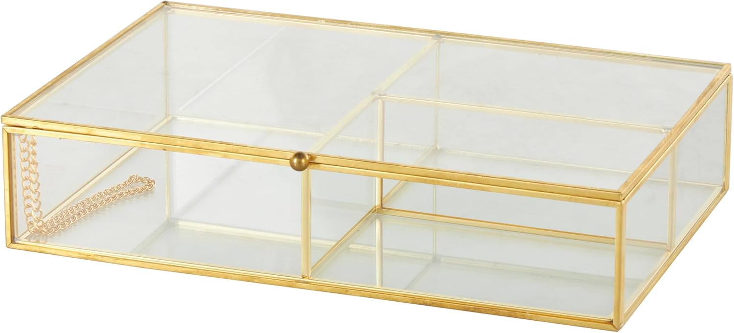 Deco 79 Glass Decorative Jewelry Box 3 Slot Jewelry Organizer with Gold Metal Frame and Chain Accent, Jewelry Holder 10" x 7" x 2", Clear