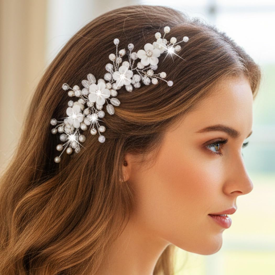 Flower Bride Wedding Hair Vine Silver Pearl Headband Hair Piece Crystal Bridal Hair Accessories for Women and Girls (Silver, One Size) - Image 3