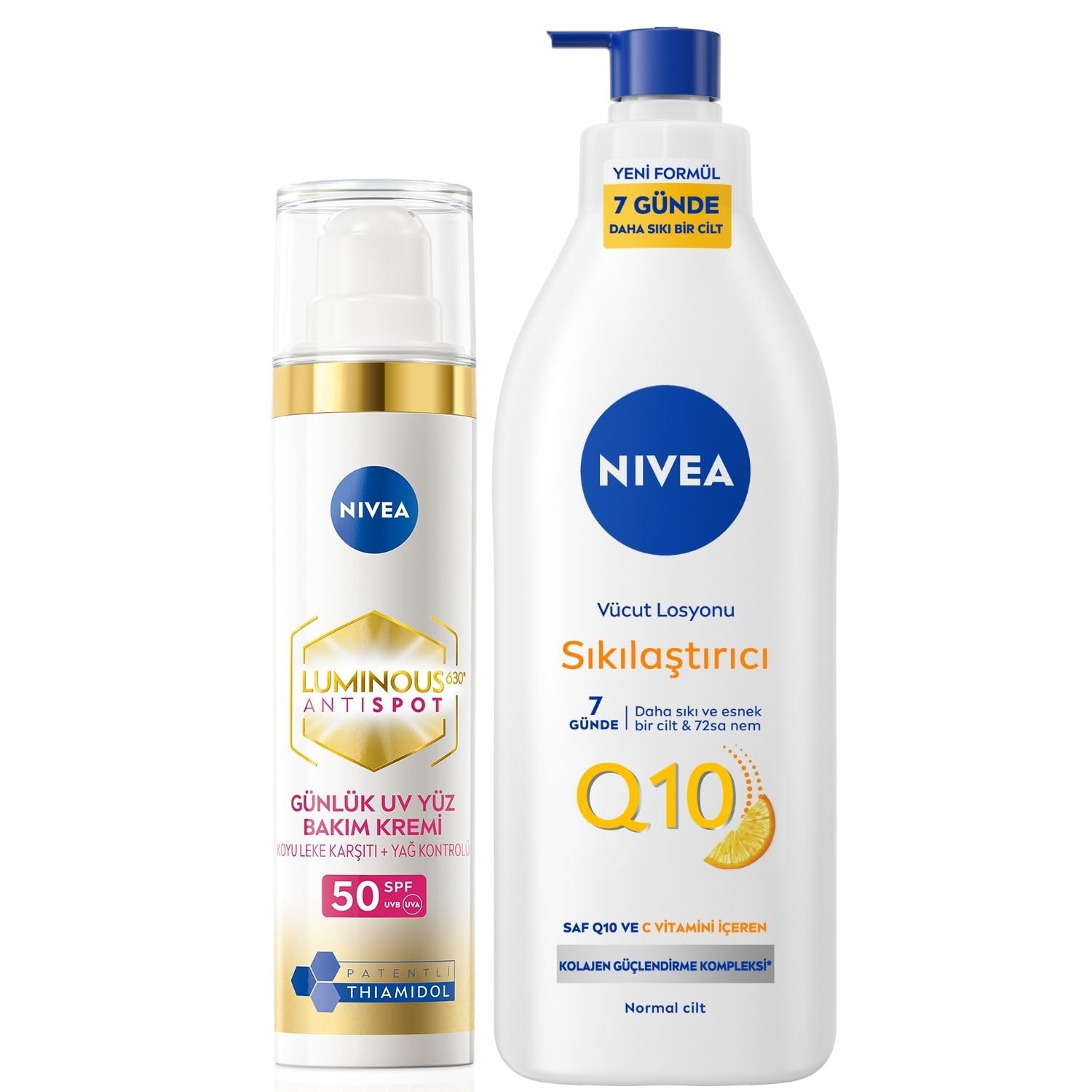 NIVEA Luminous630 Leke Karşıtı Gündüz Bakım Kremi 40ml, SPF50+ NIVEA Q10 Sıkılaştırıcı Vücut Losyonu 400 ml