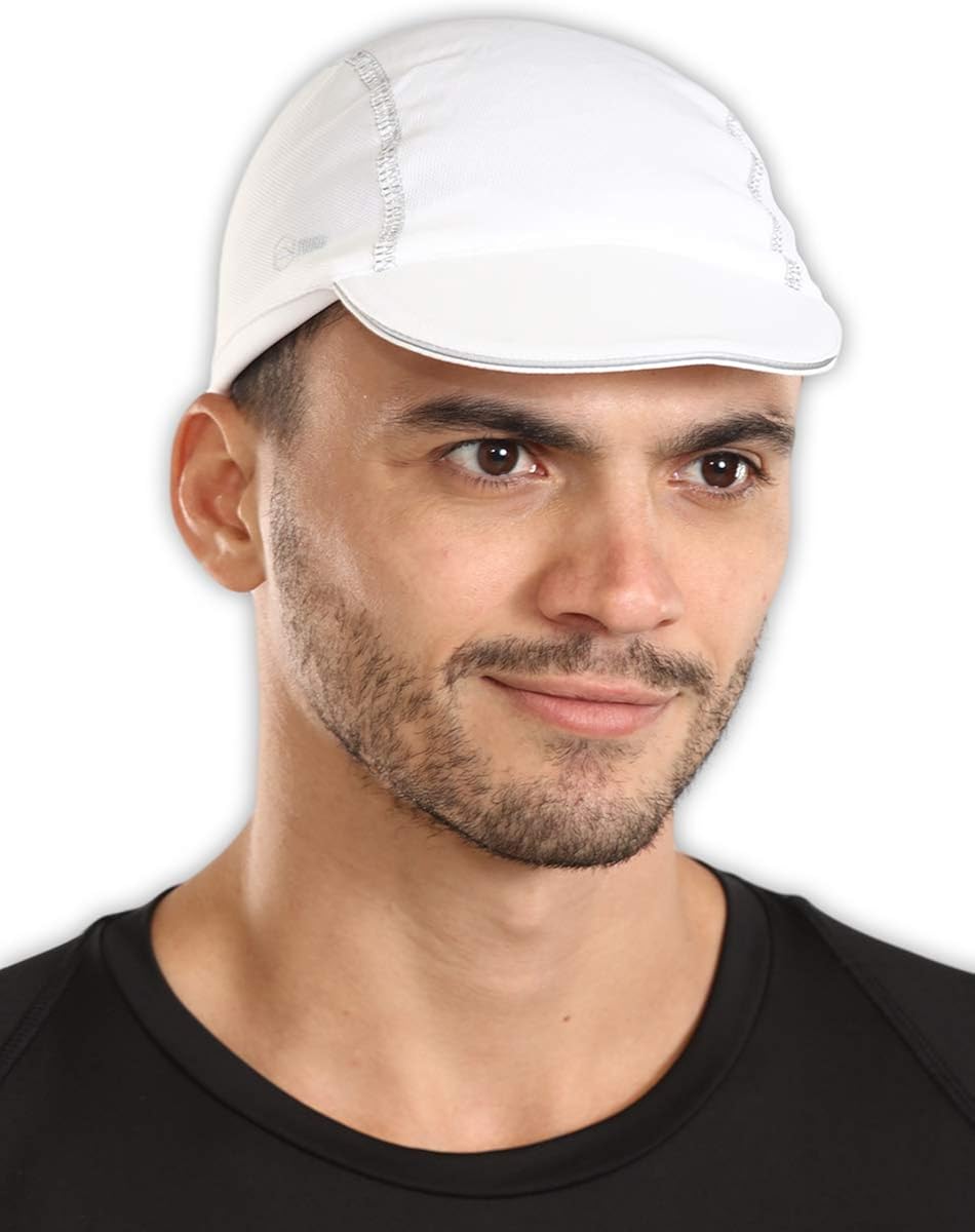 Cycling Cap - Under Helmet Bike Hat - Breathable Bicycle Helmet Liner - Biking Skull Cap for Men & Women with Reflective Sun Brim - Quick Dry & Sweat-Wicking for Riding, Running & Baseball - White : Clothing