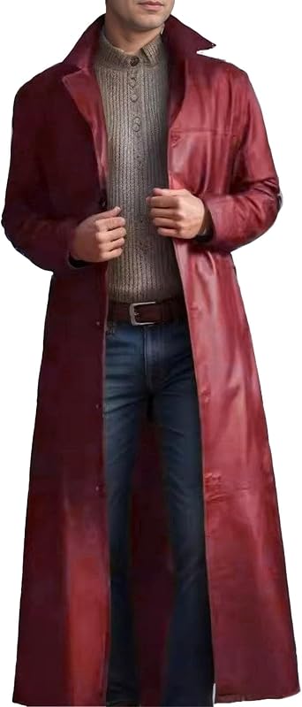DGHM-JLMY Mens Fashion Retro Trench Jacket Slim Pu Leather Steampunk Overcoat Open Front Cardigan Vintage Trench Coat