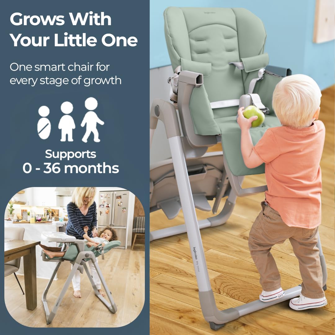 Inglesina My time Highchair, Mint - Adjustable High Chair for Babies & Toddlers, 4 Height & 3 Recline Settings, Collapsible, Tool-Free Assembly, BPA Free, Removable Tray for Easy Cleaning