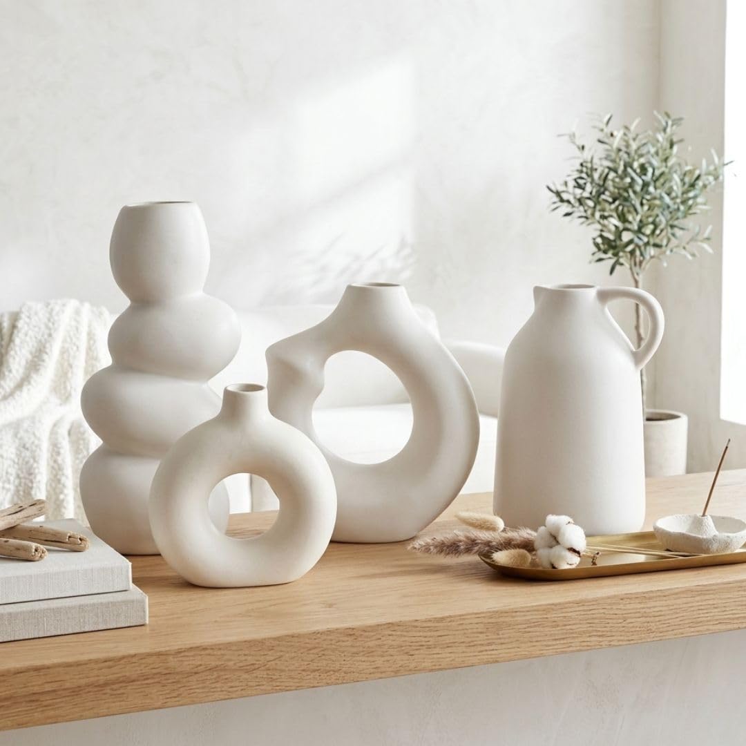 4 Ceramic Vases - Modern White Floral Vases -6