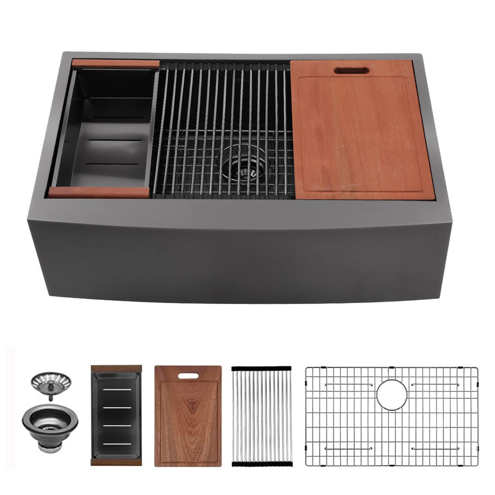 Sarlai 33 Farmhouse Sink Black Stainless Steel - 33 Inch Apron Front Kitchen Sink Ledge Workstation Gunmetal Black 16 Gauge Stainless Steel Deep Single Bowl Farm SinksClimatePartner certified