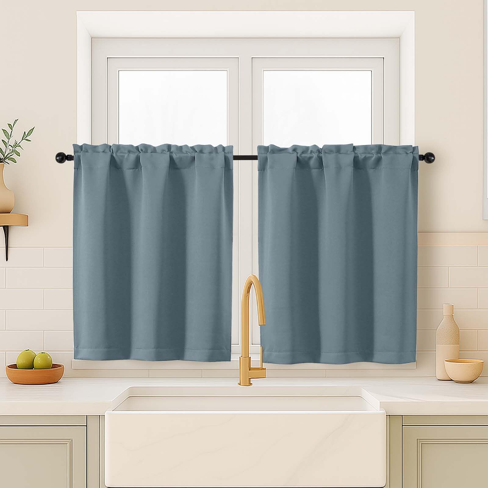 OVZME Stone Blue Blackout Curtains for Small Window Treatment, Light Blocking Short Kitchen Window Curtains Over Sink, Dual Rod Pocket Half Window Tiers for Bathroom Basement, Each 40" Wx36 L, 2 PCS