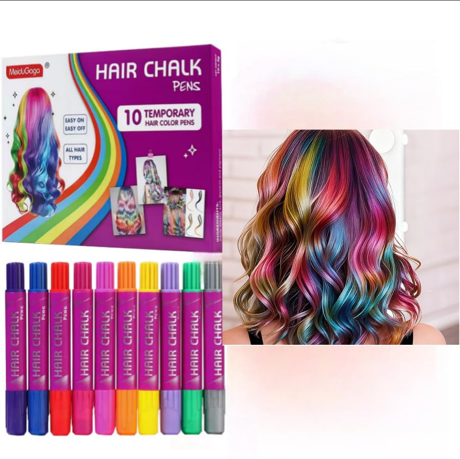 Miniatura 4 de Tiza para el cabello para niñas, kit de color temporal con 10 bolígrafos (azul, verde, gris, rosa, morado)  Juguete de maquillaje seguro para niños